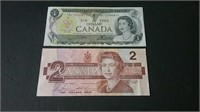 Two Canada Unc Banknotes 1973 1 Dollar & 1986 2