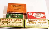 4 Fishing Lure Boxes, 1 Ammo Wood Box