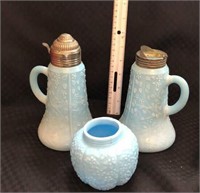 3 Blue Milk Glass Shakers (missing 1 lid)