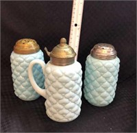 2 Milk Glass Blue Shakers & 1 Syrup
