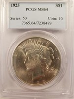 1925 Peace Silver Dollar, Graded PCGS MS64