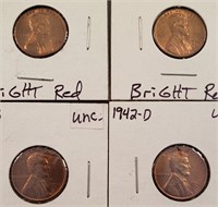 (4) Bright Red Unc. Lincoln Wheat Pennies **
