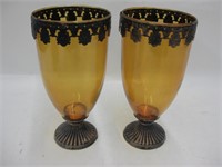 Vtg Pair 10" Tall Amber Glass Vases w/ Metal Trim