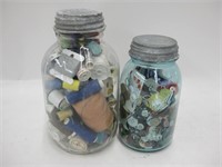 Two Jars Full Of Buttons & Sewing Notions