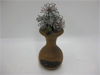 6" Wood Vase w/ 5 Hand Beaded Beaded Flowers