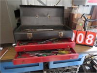 METAL TOOL BOX W/ CONTENTS - PIPE WRENCH,