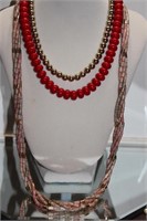 VINTAGE NECKLACES - RED BEADS, GOLD BEADS, PINK