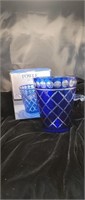 COBALT BLUE & CLEAR GLASS ICE BUCKET WINE COOLER-