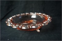 Three Footed Reticulated Rim Pink Glass Bowl