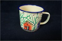 Hand Painted Beige Enamel Mug with Houses