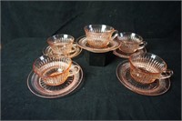 Set of Five Pink Depression Cups and Saucers