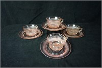 Set of Four Pink Depression Cups and Saucers
