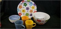Plastic platter and salad set, cups and bowls are
