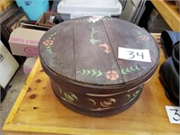 Vintage Decorated Wooden Hat Box - Top Band Damage