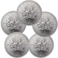 (5) Canadian Silver Maple Leafs - .999 Pure