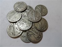 10 pcs. Walking Liberty Half Dollars 90% Silver
