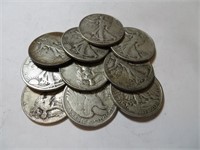 10 pcs. Walking Liberty Haflf Dollars 90% Silver