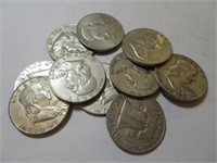 10 pcs. Franklin Half Dollars 90% Silver