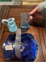 Small blue hobnail creamer, blue hand blown handle