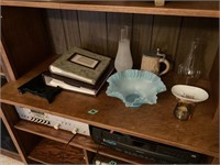Shelf Contents: Blue Glass/Lamp Chimneys/ Misc.