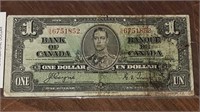 1937 BANK OF CANADA $1.00 NOTE S/N6751852