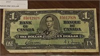 1937 BANK OF CANADA $1.00 NOTE A/M5012928