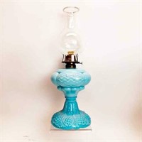 ANTIQUE OPALESCENT BLUE PATTERN GLASS OIL LAMP