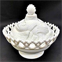 FISH LID COVERED MILK GLASS BOWL
