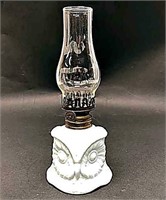 RARE MINIATURE OWL OIL LAMP IN MILK GLASS
