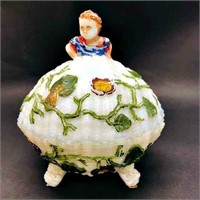 RARE, BOY ON GIANT CLAM/PAINTED MILK GLASS