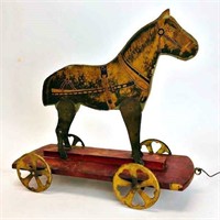 RARE ANTIQUE TOY, C. 1890, HORSE PULL TOY