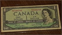 1954 BANK OF CANADA $1.00 NOTE O/Y6589709