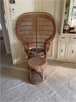 VINTAGE WICKER AND CANE PEACOCK CHAIR W OTTOMAN