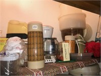 Misc kitchen items, shelf full
