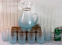 Frosted Gold Rim Blendo Pitcher w 6 Glasses