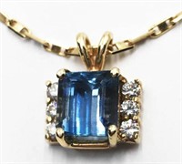 14K Necklace w/14K Aqua Stone & Diamond Pendant.
