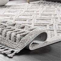 Soft Lattice Tassel Area Rug, 6' 7" x 9', Beige