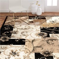 Area Rug 7'8" x10'4, Geometric Floral, Black/Beige