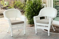 White Wicker  Chairs with Black Cushion, Set of 2