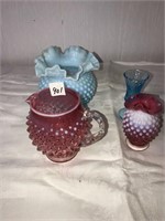 Cranberry pictcher tooth pic holder, Blue Hobnail