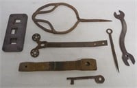 7 hand forged tools, wrench, nail header & others