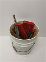 bucket of asst. tools - clamps, drill bits, etc.