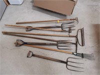 rakes, forks, hoe, garden tools