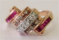 14KT Gold Art Deco Ring European Cut Diamonds/Ruby