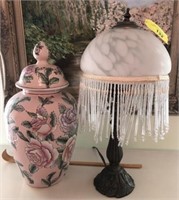 FLORAL URN AND GLASS SHADE BEADED LAMP