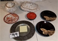 7 pieces- Limoges covered dishes, pewter plate