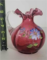 Fenton Handpainted Cranberry Pitcher