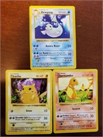 3 Pokemon cards shadowless pikachu charmander Base