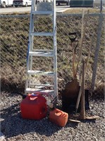 6' Step ladder, 2 gas cans, rakes, shovels,