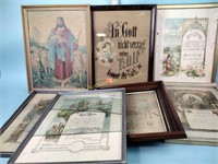 Antique German religious prints and embroidery